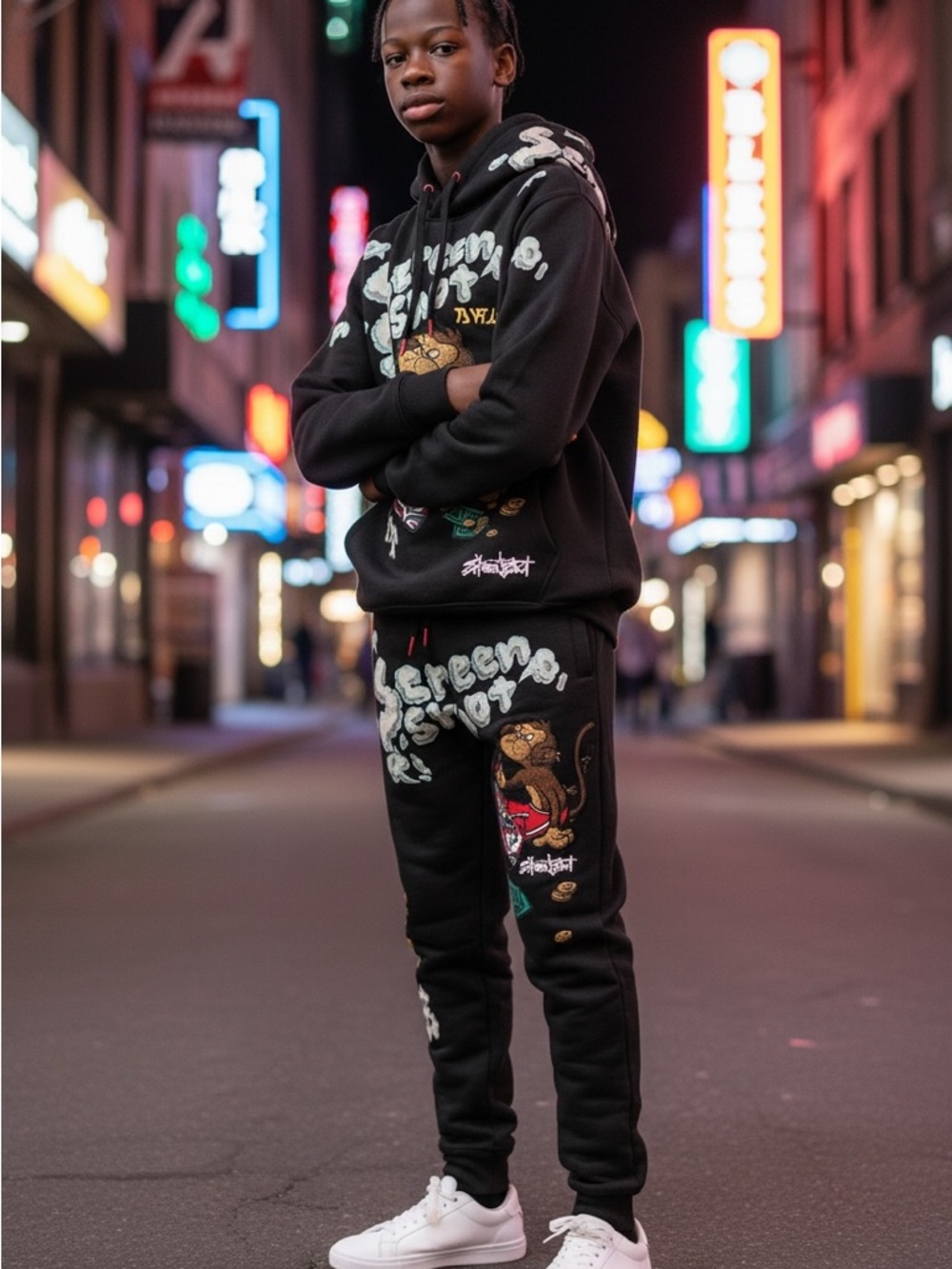 Men's Black Graphic Jogger Sweatpants with Bold Street Art